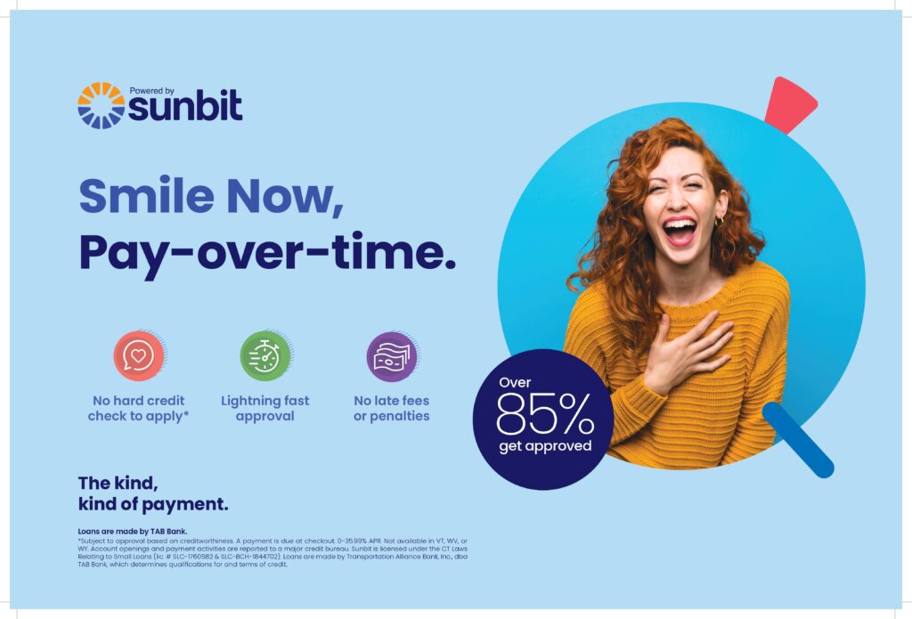 Sunbit financing ad with woman smiling, highlighting fast approval, no fees, and 85% approval rate.