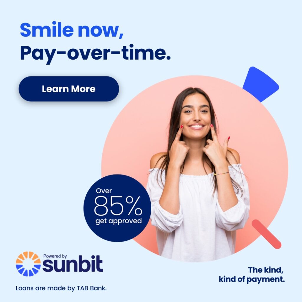 Woman smiling with a message about Sunbit dental financing and high approval rates